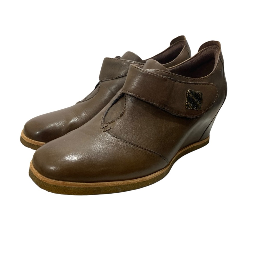 Earth Zanza Ankle Booties Brown Leather Comfort Hidden Wedge Hook Loop 9.5B